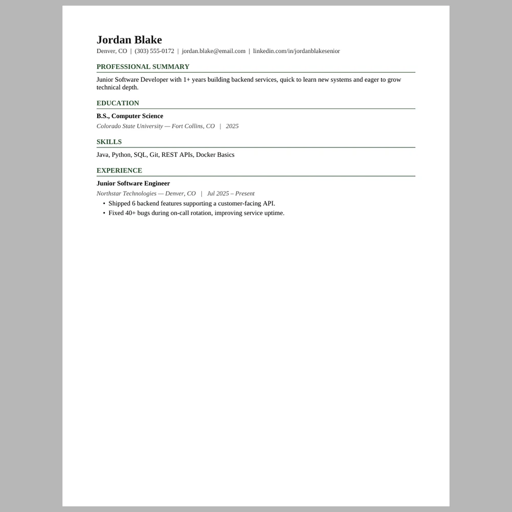 Junior Software Developer – Dense Single Column Resume Template | ATS-Friendly Word & PDF Resume