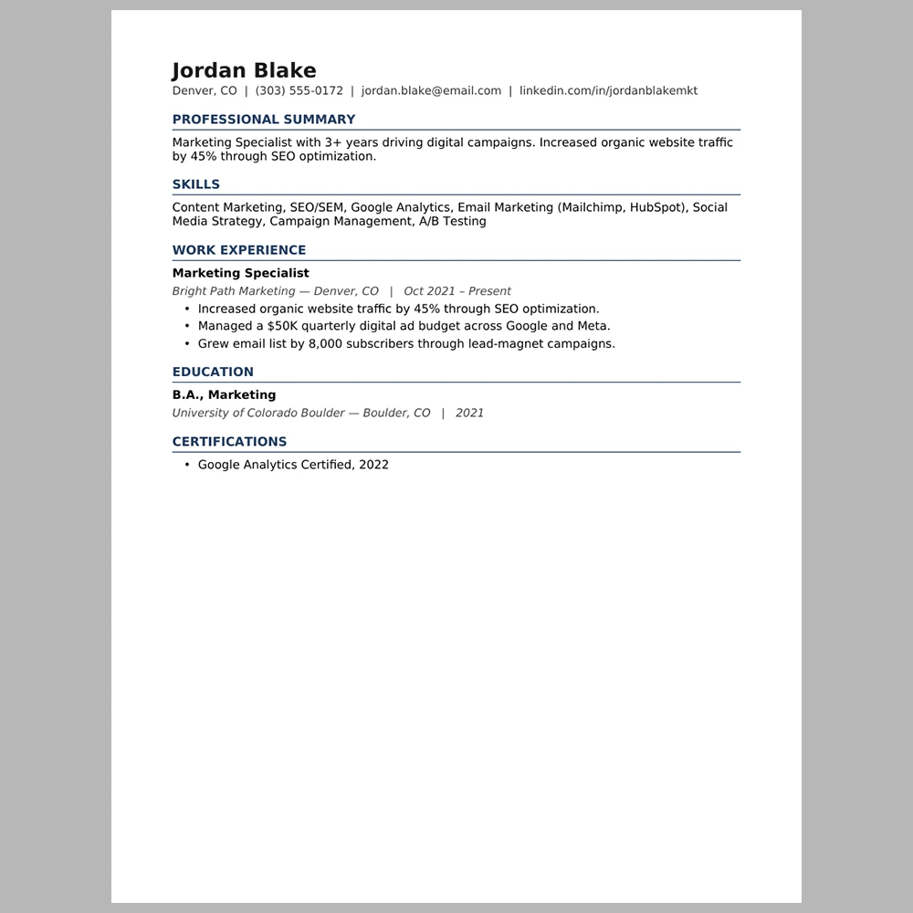 Experienced Marketing Specialist Resume Template | ATS-Friendly Word & PDF Resume