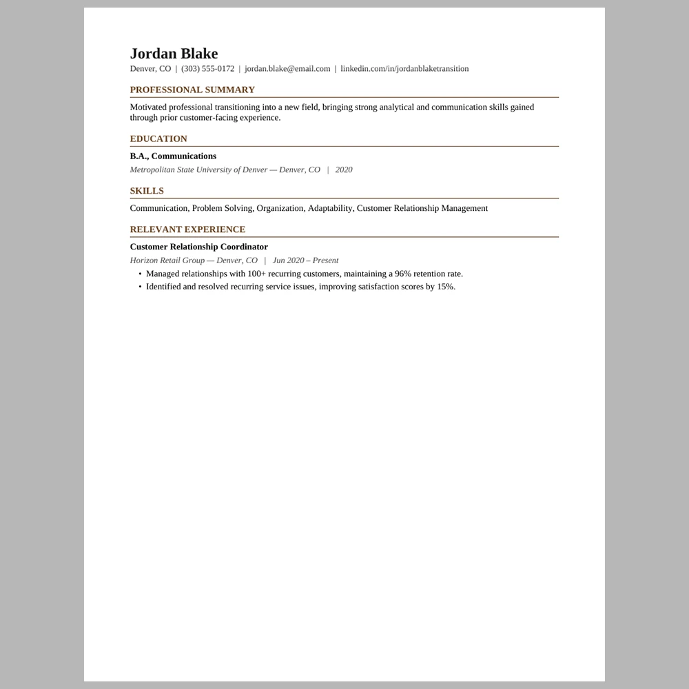 First-Time Career Changer Resume Template | ATS-Friendly Word & PDF Resume