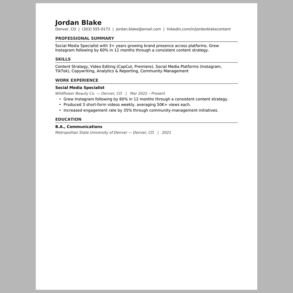 Experienced Content & Social Media Specialist Resume Template | ATS-Friendly Word & PDF Resume