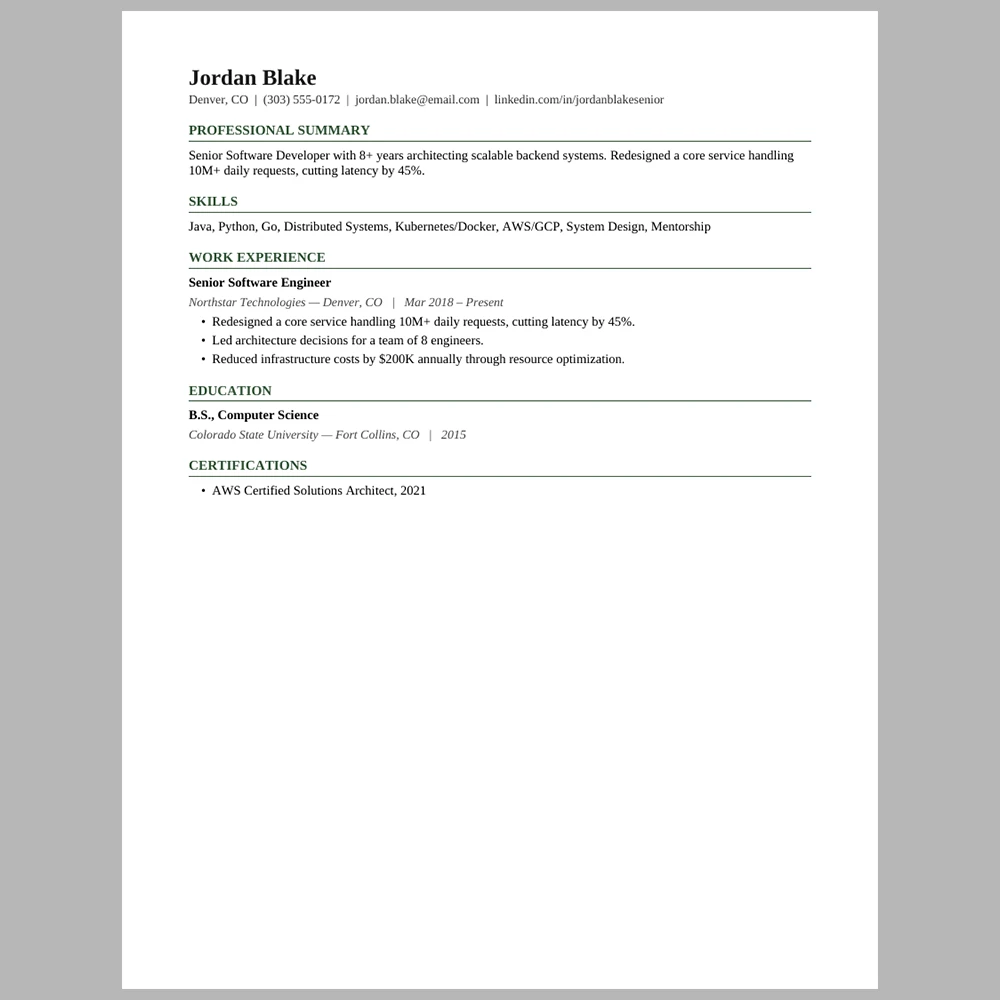 Senior Software Developer – Dense Single Column Resume Template | ATS-Friendly Word & PDF Resume