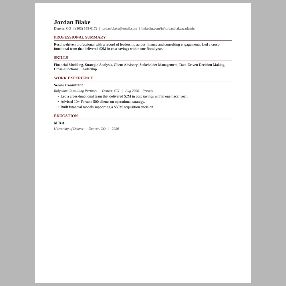 Traditional Business Format Resume Template | ATS-Friendly One-Page Resume | Word & PDF