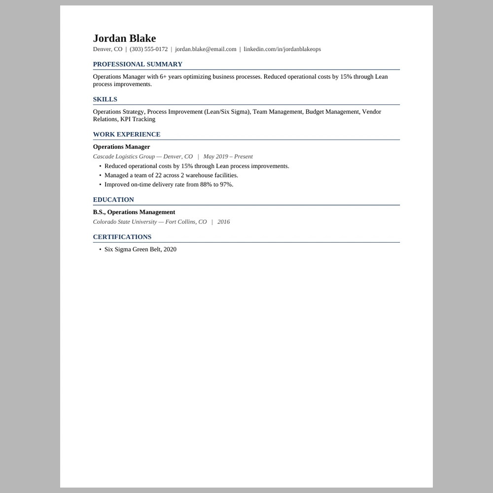 Experienced Operations Manager Resume Template | ATS-Friendly Word & PDF Resume