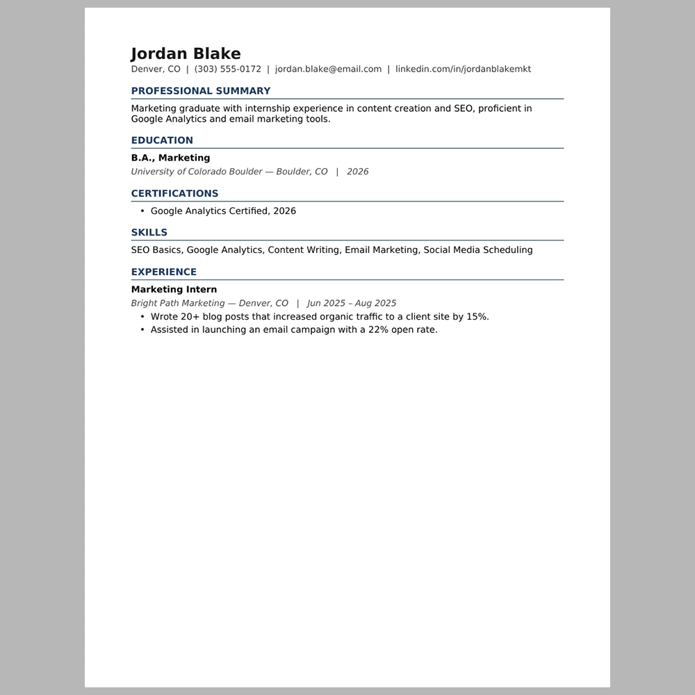 New Graduate Marketing Specialist Resume Template | ATS-Friendly Word & PDF Resume
