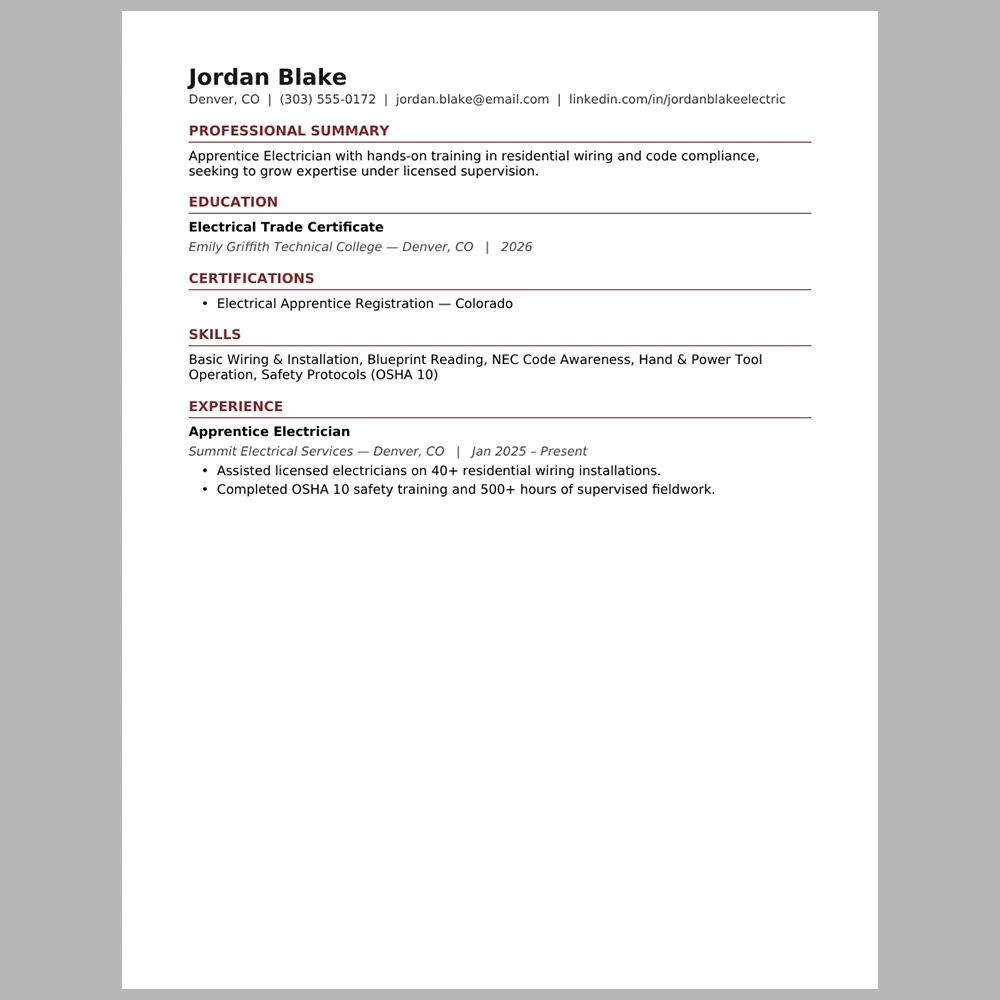 Entry-Level Electrician Resume Template | ATS-Friendly Word & PDF Resume