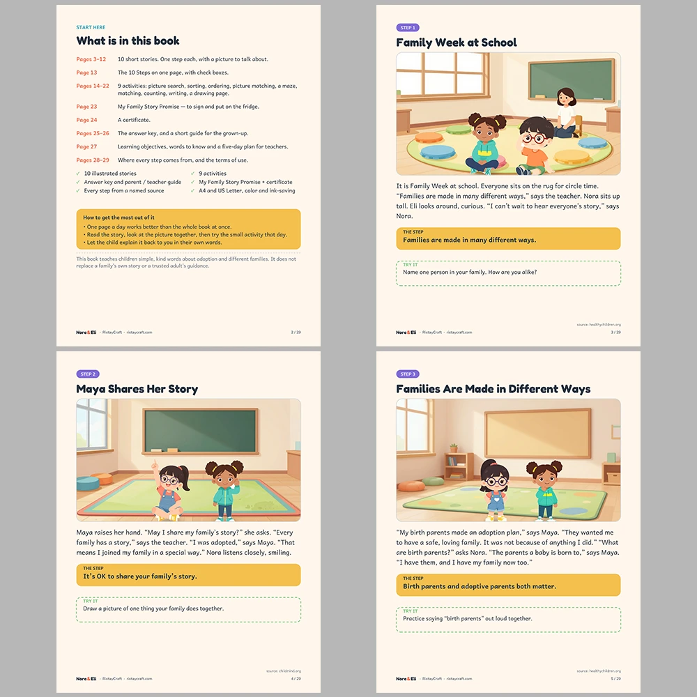 Adoption Family Story Social Narrative for Kids | 29-Page Printable Big Moment Story Ages 4–8 | Birth Parents Family Day Activities