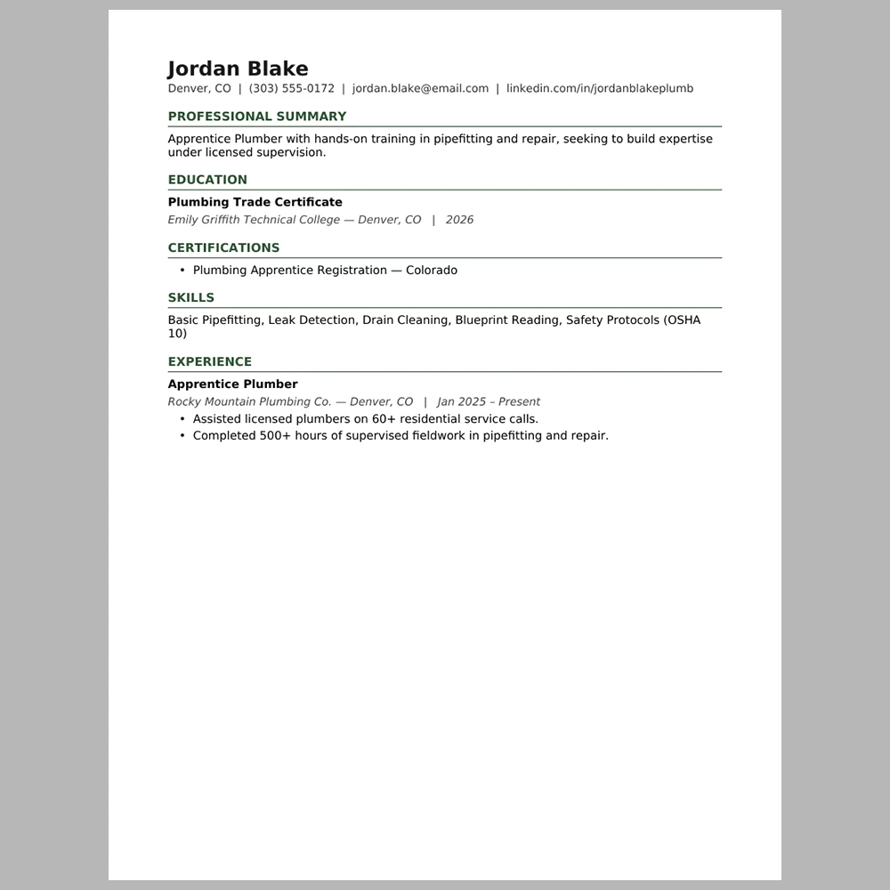 Entry-Level Plumber Resume Template | ATS-Friendly Word & PDF Resume