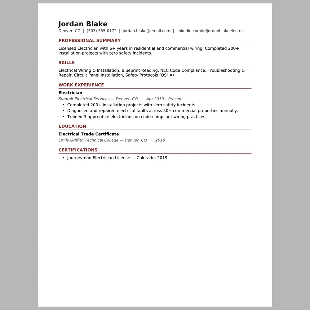Master Electrician Resume Template | ATS-Friendly Word & PDF Resume