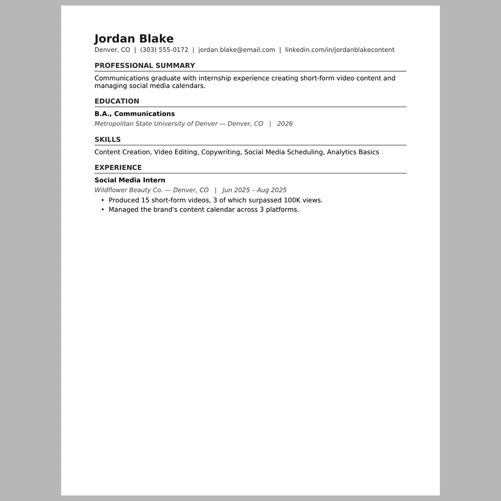 New Graduate Content & Social Media Specialist Resume Template | ATS-Friendly Word & PDF Resume