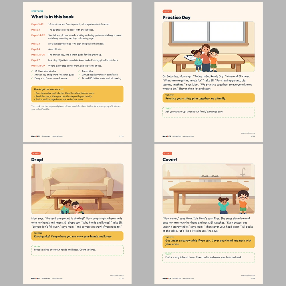 Earthquake and Emergency Preparedness for Kids Printable | 29-Page Drop Cover Hold On Workbook Ages 5–8 | Stories Activities