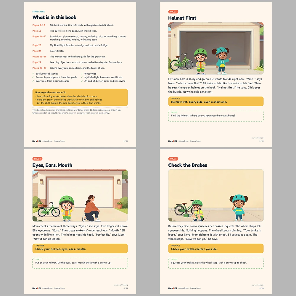 Bike Safety for Kids Printable | 29-Page Bike and Scooter Helmet Safety Workbook Ages 5–8 | Stories Activities