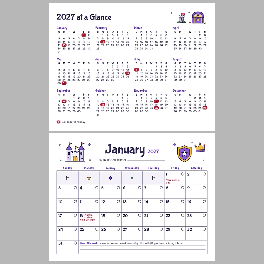 2027 Kids Calendar Printable | Castle & Dragons Monthly Calendar with Activities | Sunday & Monday Start | Letter A4 Desk Pad PDF