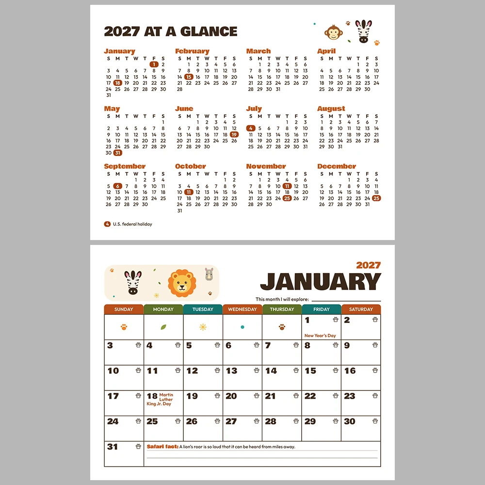 2027 Kids Calendar Printable | Safari Adventure Monthly Calendar with Activities | Sunday & Monday Start | Letter A4 Desk Pad PDF