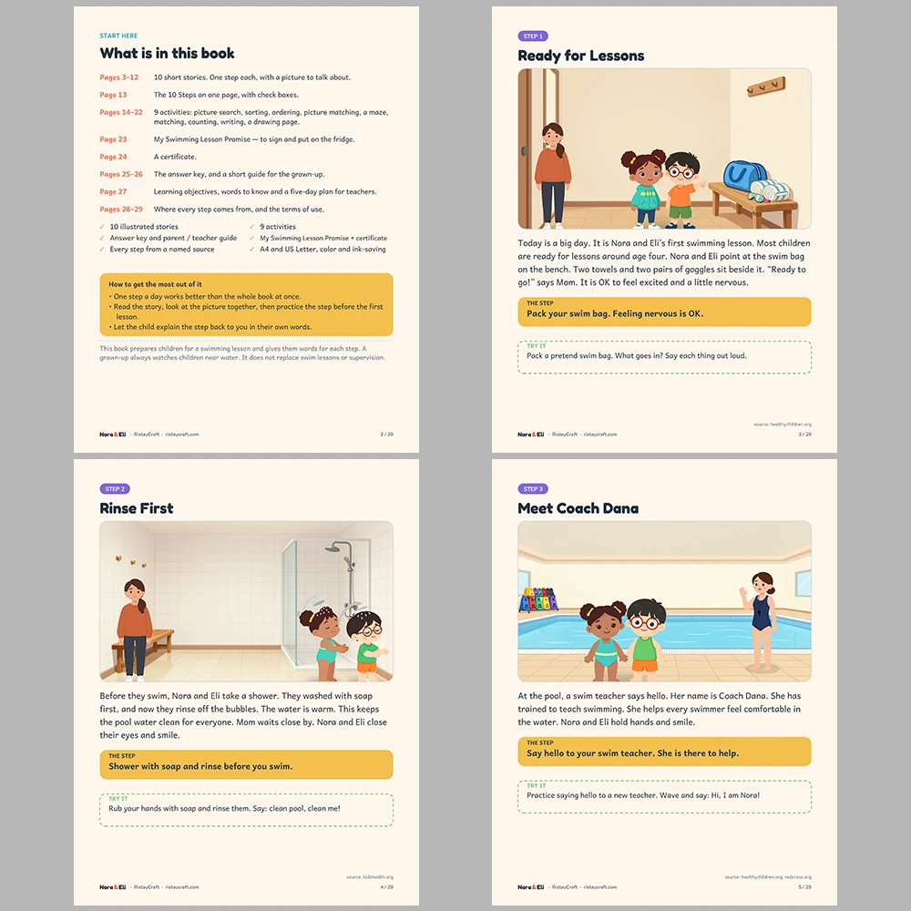 First Swimming Lesson Social Narrative for Kids | 29-Page Printable Big Moment Story Ages 4–8 | Swim Class Pool Story Activities