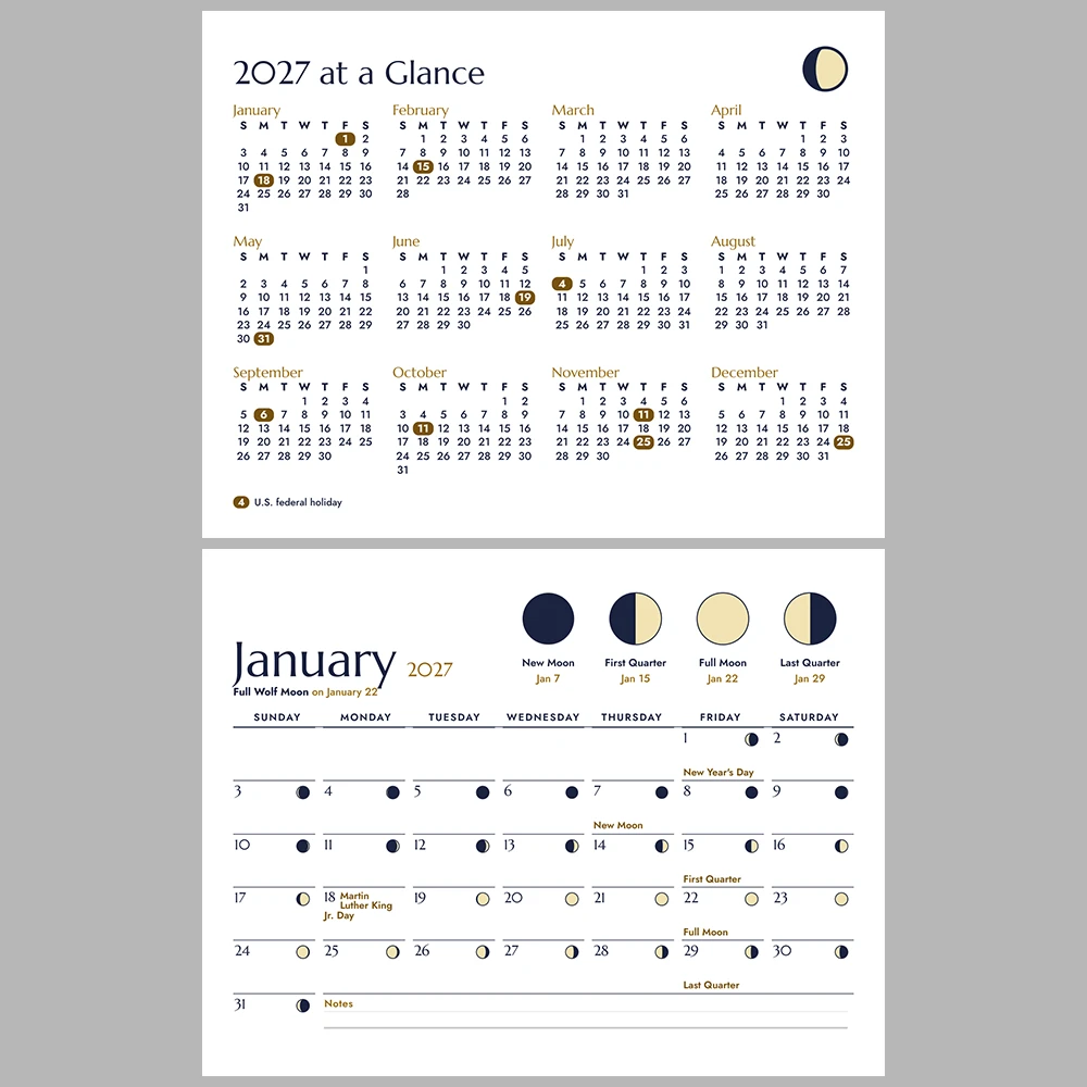 2027 Moon Phases Calendar Printable | Lunar Phase Monthly Wall Calendar | Sunday & Monday Start | Letter A4 Desk Pad PDF
