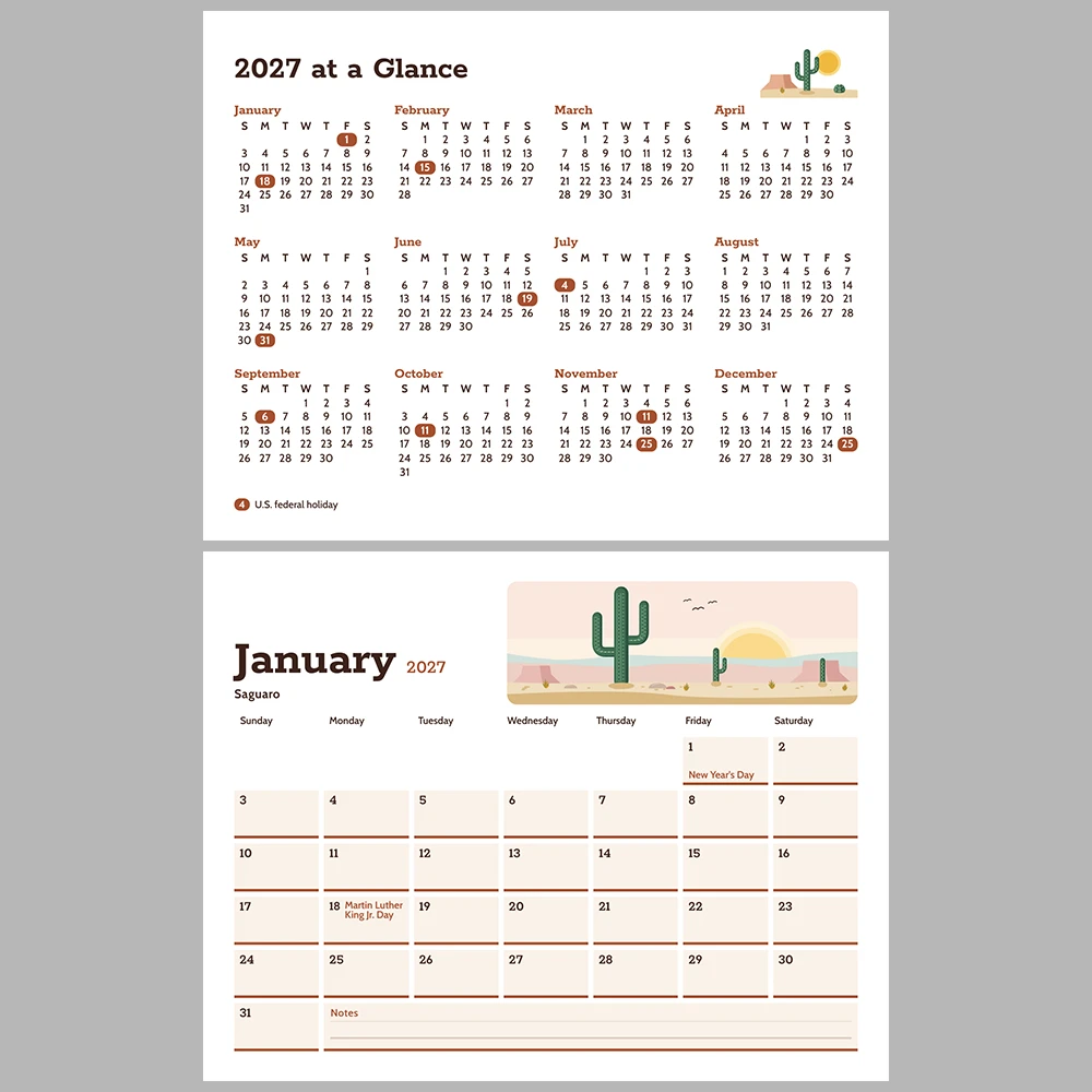 2027 Desert Southwest Calendar Printable | Cactus Desert Art Monthly Wall Calendar | Sunday & Monday Start | Letter A4 Desk Pad PDF