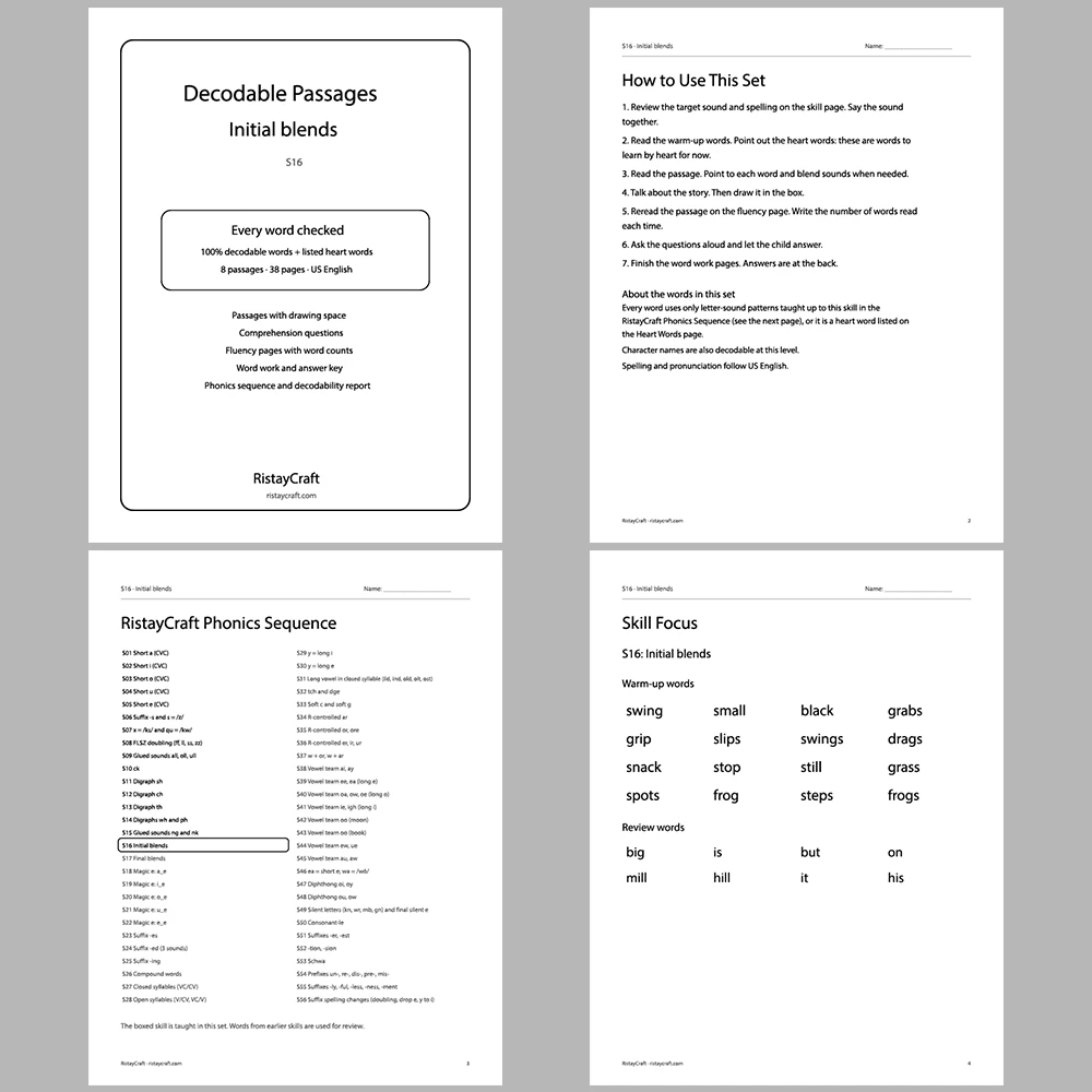 Initial blends Decodable Readers | 8 Stories 38 Pages | Phonics Printable PDF | Ages 5-6