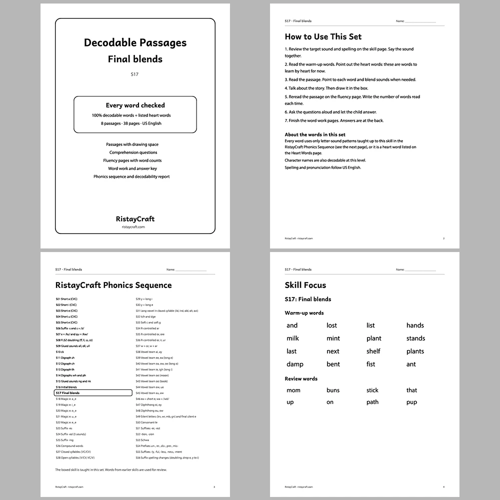 Final blends Decodable Readers | 8 Stories 38 Pages | Phonics Printable PDF | Ages 5-6