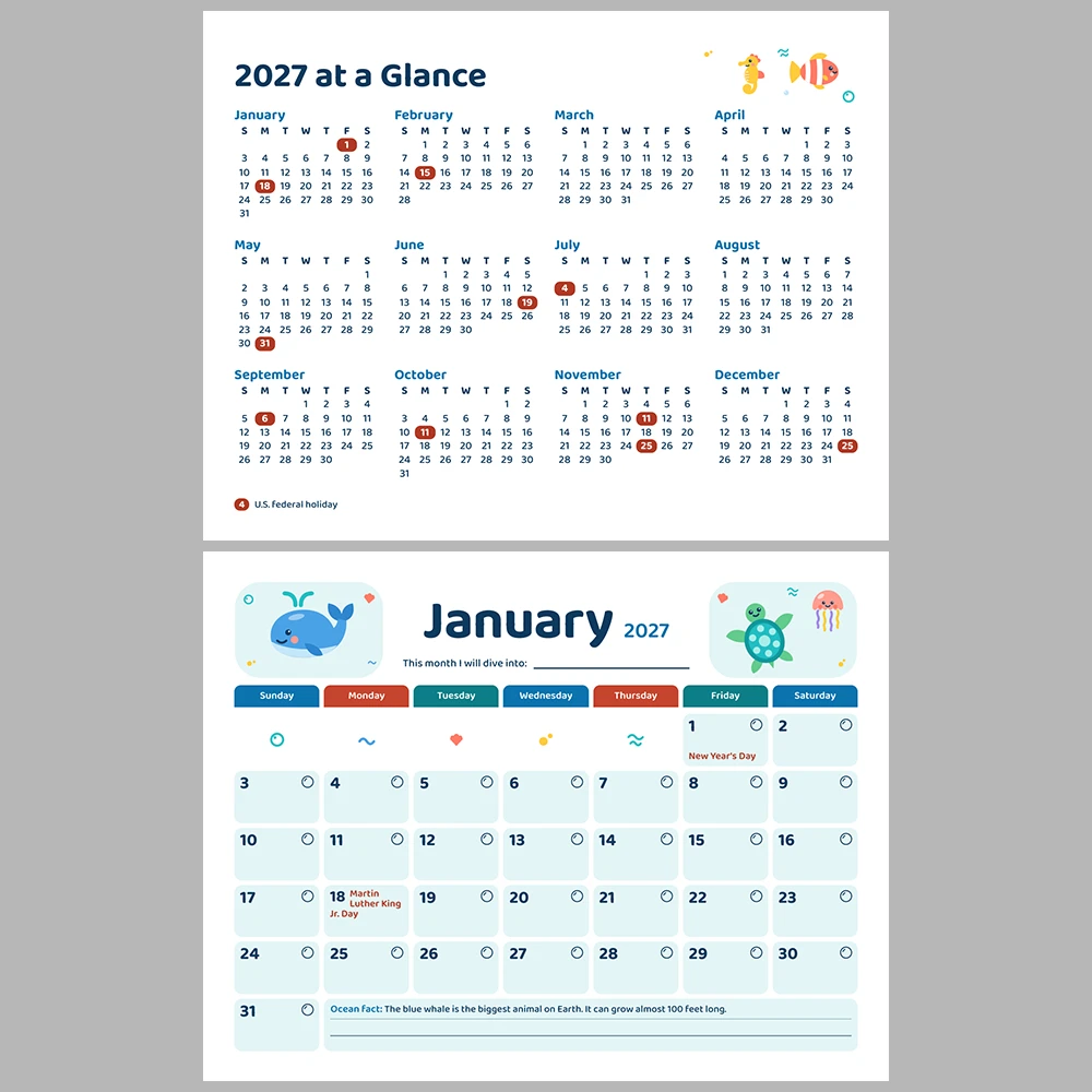 2027 Kids Calendar Printable | Ocean Friends Monthly Calendar with Activities | Sunday & Monday Start | Letter A4 Desk Pad PDF