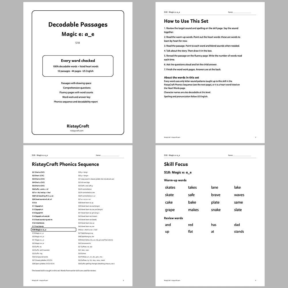 Magic e: a_e Decodable Readers | 10 Stories 44 Pages | Phonics Printable PDF | Ages 5-7