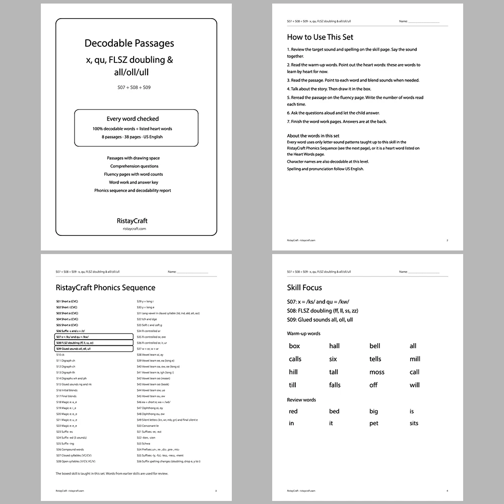 x, qu, FLSZ doubling & all/oll/ull Decodable Readers | 8 Stories 38 Pages | Phonics Printable PDF | Ages 5-6