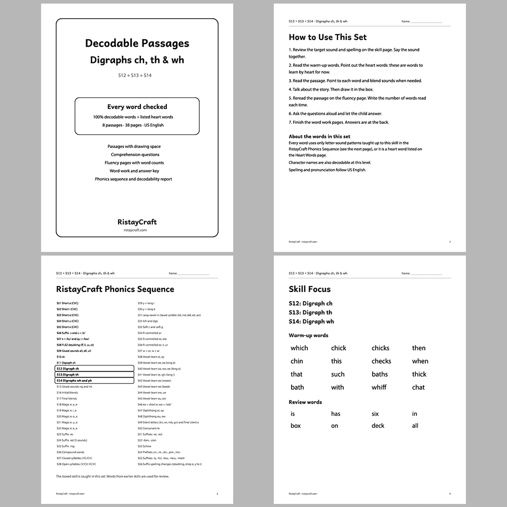 Digraphs ch, th & wh Decodable Readers | 8 Stories 38 Pages | Phonics Printable PDF | Ages 5-6