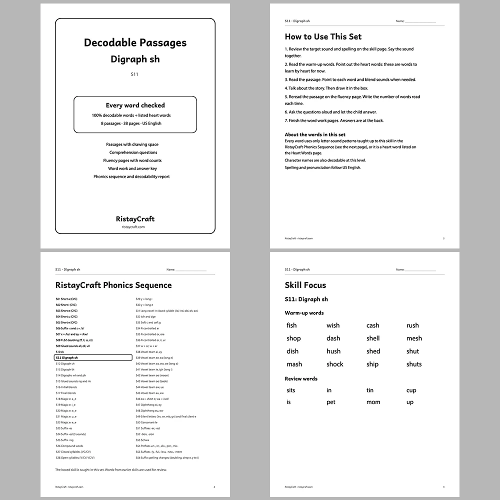 Digraph sh Decodable Readers | 8 Stories 38 Pages | Phonics Printable PDF | Ages 5-6