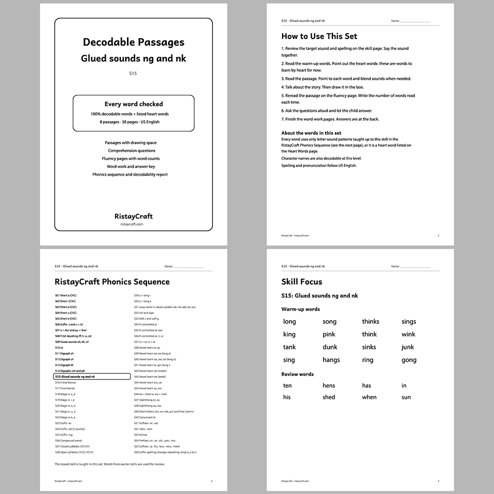 Glued sounds ng and nk Decodable Readers | 8 Stories 38 Pages | Phonics Printable PDF | Ages 5-6