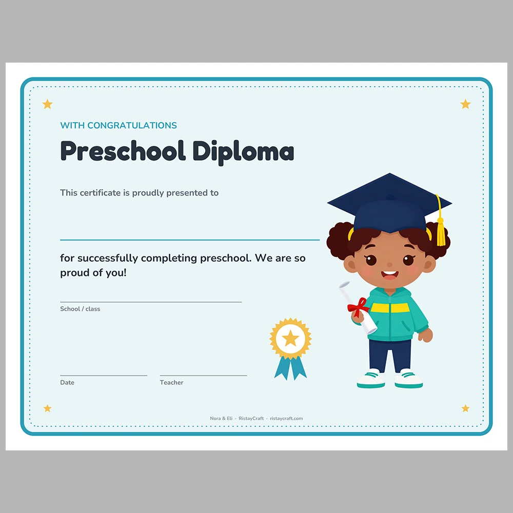 Preschool & Kindergarten Graduation Diploma Printable | Editable Pre-K Diploma Certificate | End of Year Award | Nora & Eli PDF