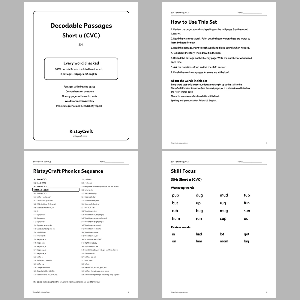 Short u (CVC) Decodable Readers | 8 Stories 38 Pages | Phonics Printable PDF | Ages 5-6