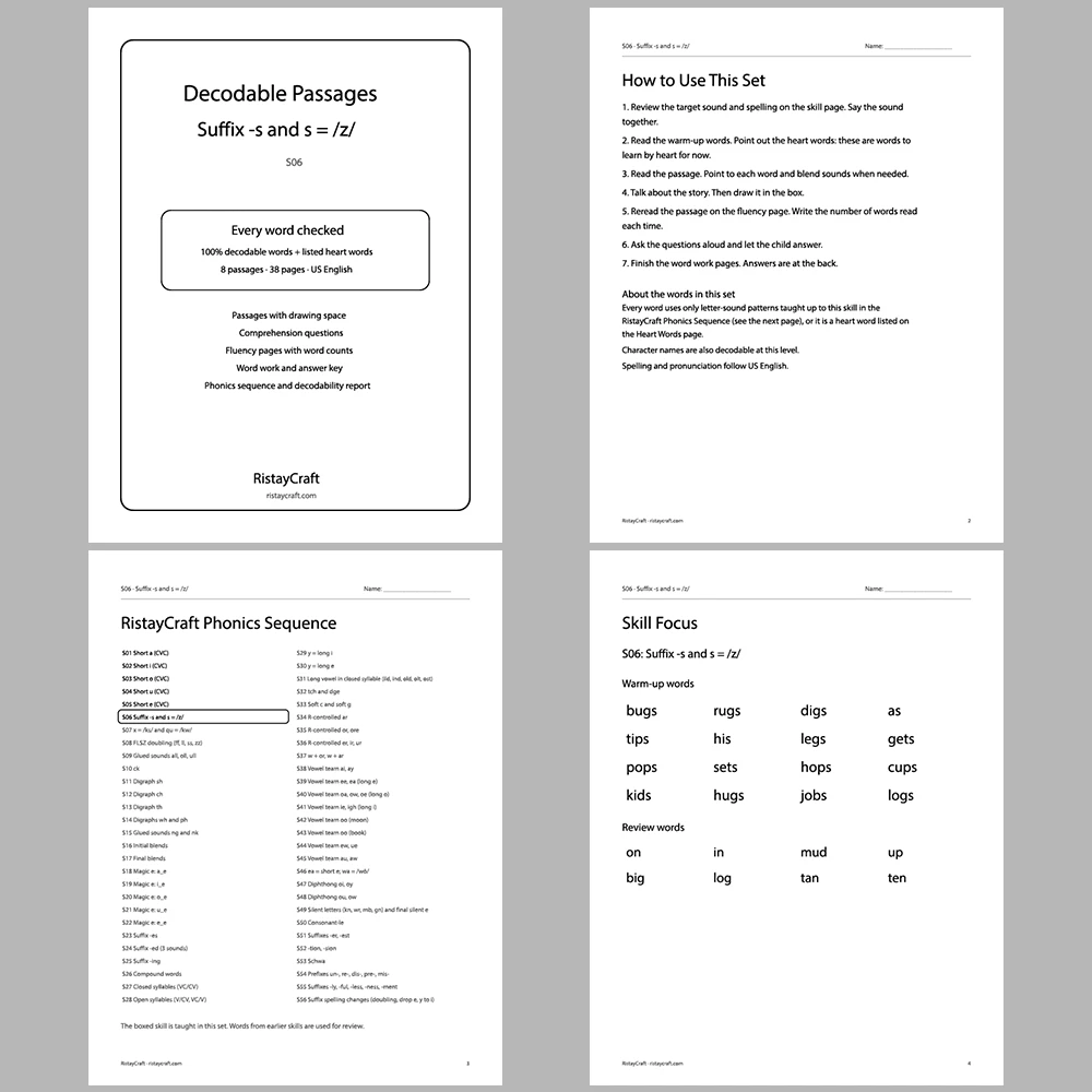 Suffix -s and s = /z/ Decodable Readers | 8 Stories 38 Pages | Phonics Printable PDF | Ages 5-6