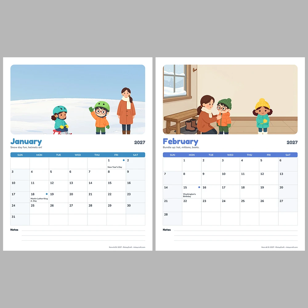 2027 Printable Calendar for Kids | Nora & Eli Monthly Wall Calendar with US Holidays | Family Planner Letter A4 PDF