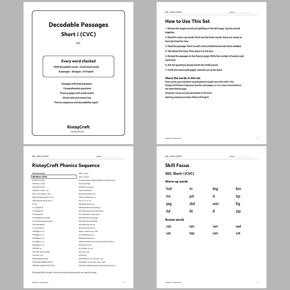 Short i (CVC) Decodable Readers | 8 Stories 38 Pages | Phonics Printable PDF | Ages 5-6