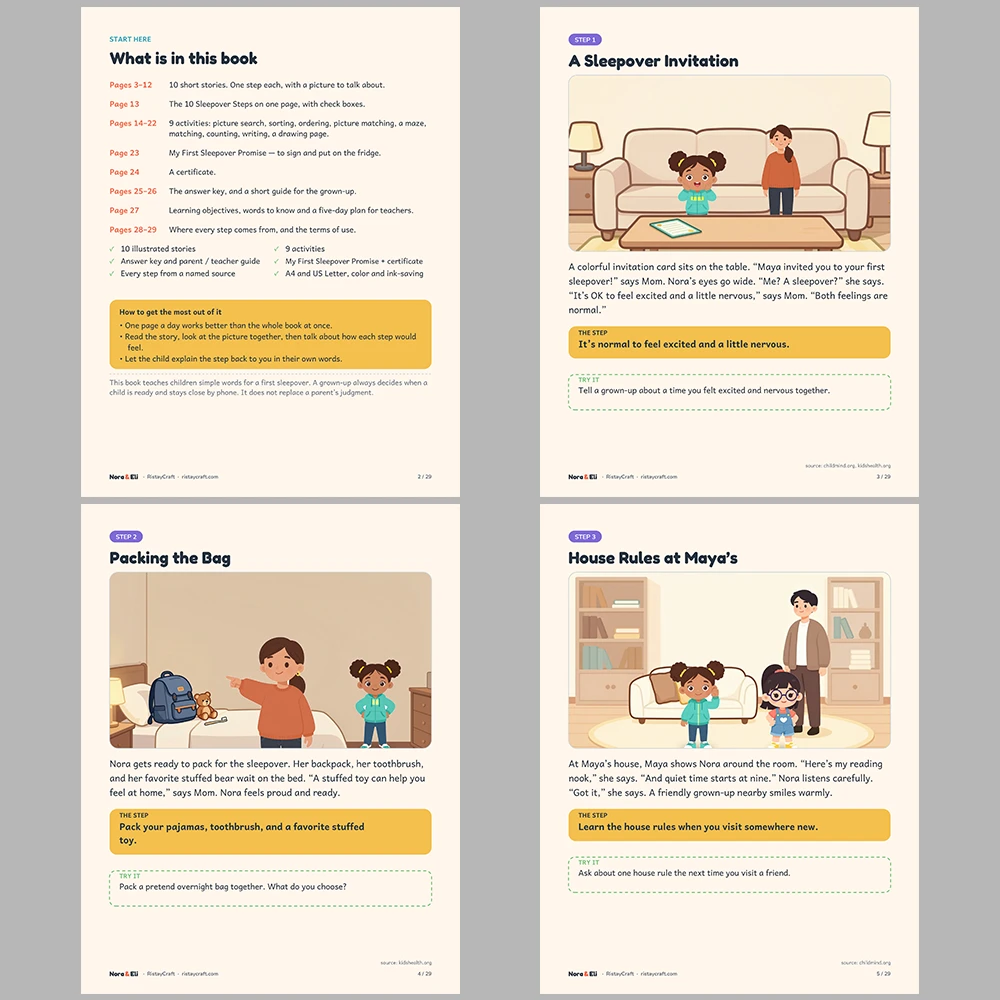 First Sleepover Social Narrative for Kids | 29-Page Printable Big Moment Story Ages 4–8 | Packing Bedtime Homesick Activities