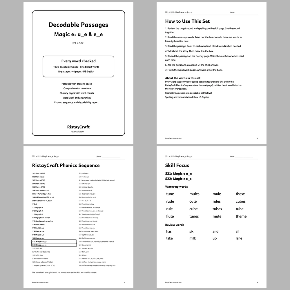 Magic e: u_e & e_e Decodable Readers | 10 Stories 44 Pages | Phonics Printable PDF | Ages 5-7