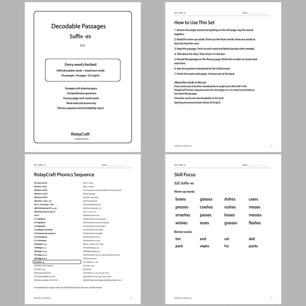 Suffix -es Decodable Readers | 10 Stories 44 Pages | Phonics Printable PDF | Ages 5-7