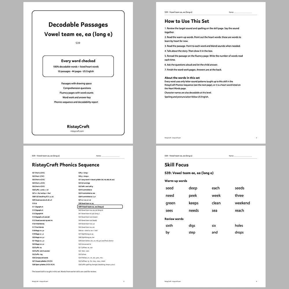 Vowel team ee, ea (long e) Decodable Readers | 10 Stories 44 Pages | Phonics Printable PDF | Ages 6-8
