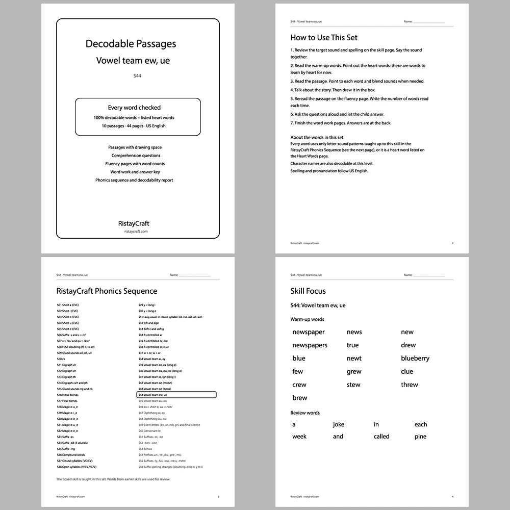 Vowel team ew, ue Decodable Readers | 10 Stories 44 Pages | Phonics Printable PDF | Ages 6-9