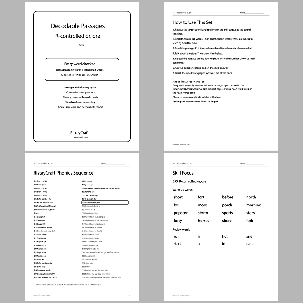 R-controlled or, ore Decodable Readers | 10 Stories 44 Pages | Phonics Printable PDF | Ages 6-8