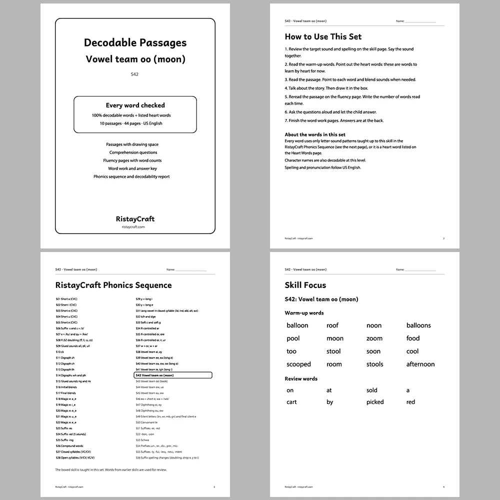Vowel team oo (moon) Decodable Readers | 10 Stories 44 Pages | Phonics Printable PDF | Ages 6-9