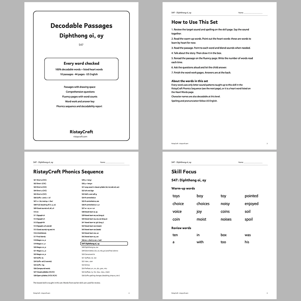 Diphthong oi, oy Decodable Readers | 10 Stories 44 Pages | Phonics Printable PDF | Ages 6-9