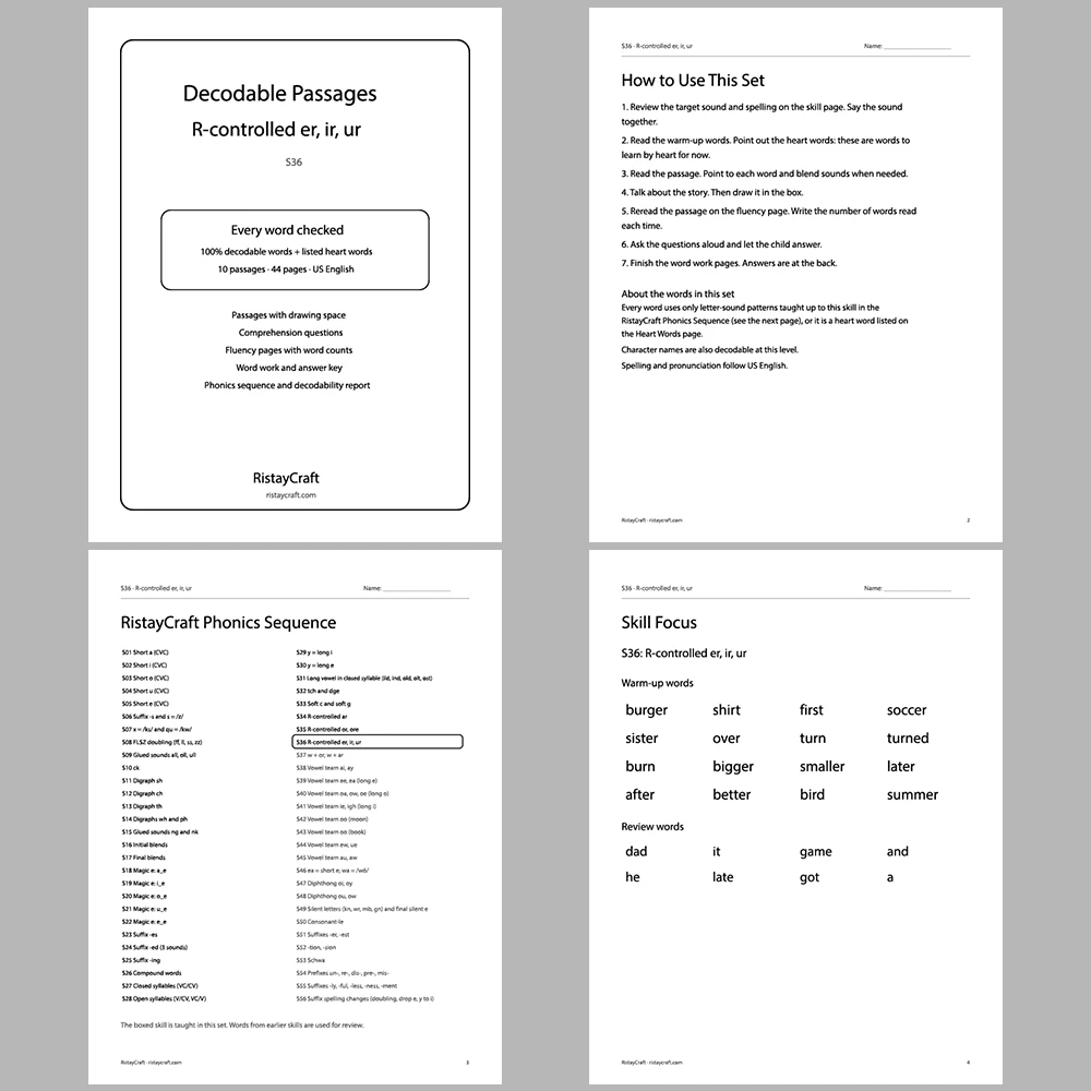 R-controlled er, ir, ur Decodable Readers | 10 Stories 44 Pages | Phonics Printable PDF | Ages 6-8