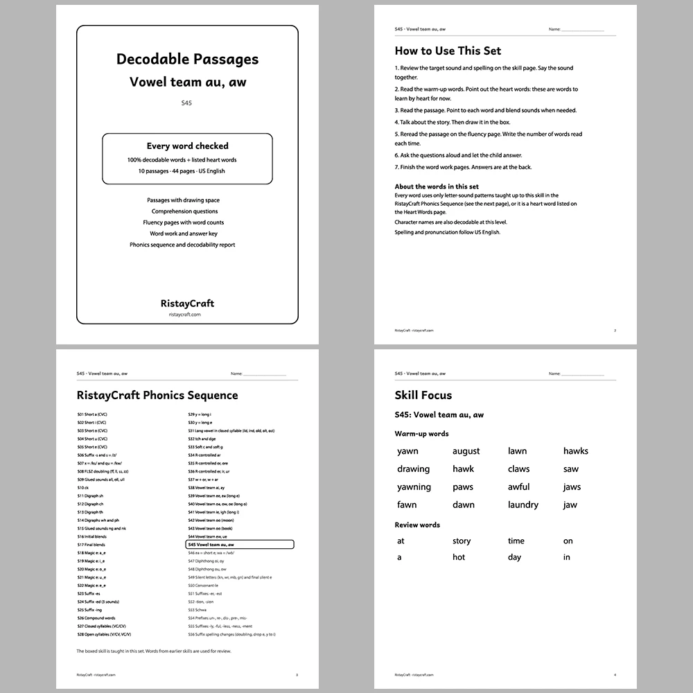 Vowel team au, aw Decodable Readers | 10 Stories 44 Pages | Phonics Printable PDF | Ages 6-9