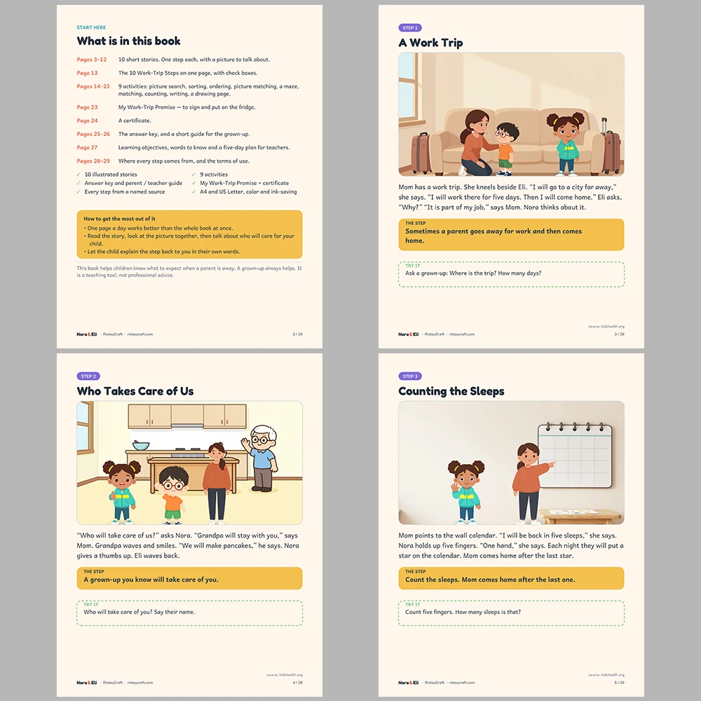 When a Parent Travels for Work Social Narrative for Kids | 29-Page Printable Big Moment Story Ages 4–8 | Work Trip Story Activities