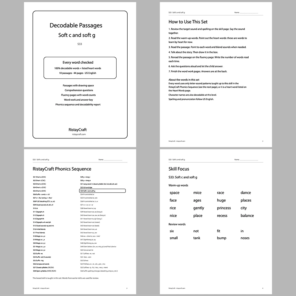 Soft c and soft g Decodable Readers | 10 Stories 44 Pages | Phonics Printable PDF | Ages 6-8