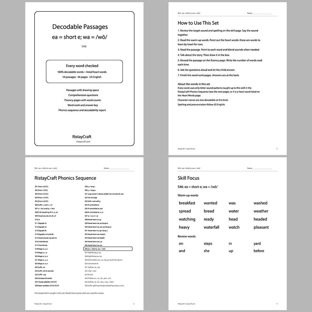 ea = short e; wa = /wŏ/ Decodable Readers | 10 Stories 44 Pages | Phonics Printable PDF | Ages 6-9