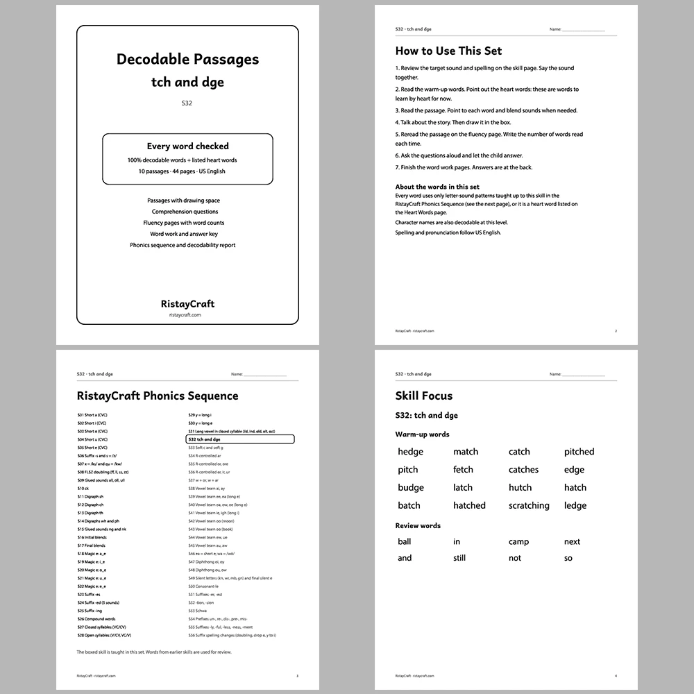 tch and dge Decodable Readers | 10 Stories 44 Pages | Phonics Printable PDF | Ages 6-8