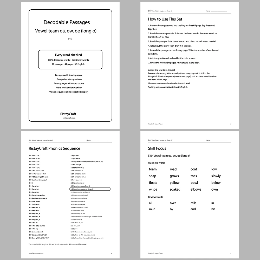Vowel team oa, ow, oe (long o) Decodable Readers | 10 Stories 44 Pages | Phonics Printable PDF | Ages 6-8