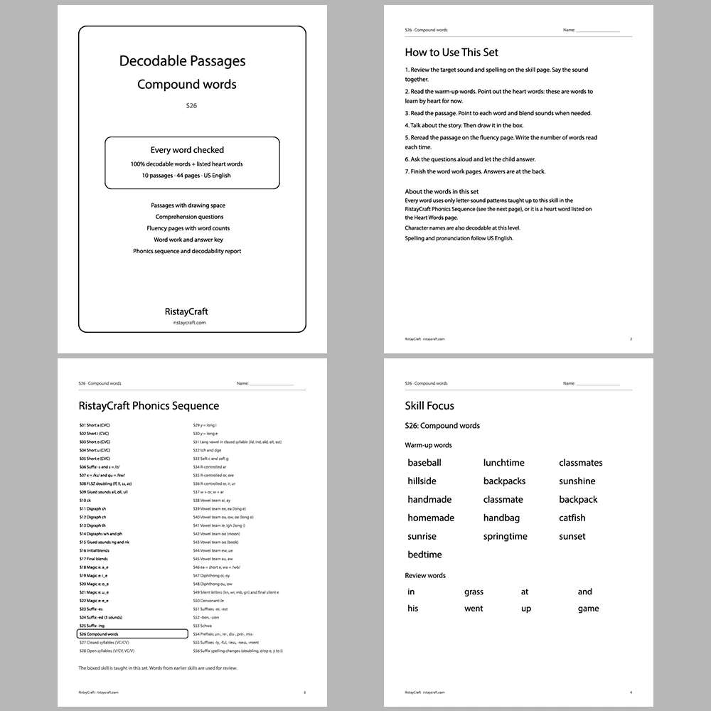 Compound words Decodable Readers | 10 Stories 44 Pages | Phonics Printable PDF | Ages 6-8