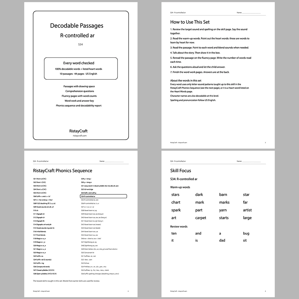 R-controlled ar Decodable Readers | 10 Stories 44 Pages | Phonics Printable PDF | Ages 6-8
